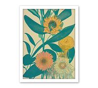 Wee Blue Coo Marigold Daisy Flowers Turquoise Leaves Bright Colourful Abstract Artwork Framed Wall Art Print 18X24 Inch