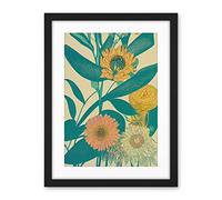 Wee Blue Coo Marigold Daisy Flowers Turquoise Leaves Bright Colourful Abstract Artwork Framed Wall Art Print 18X24 Inch