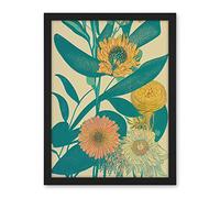 Wee Blue Coo Marigold Daisy Flowers Turquoise Leaves Bright Colourful Abstract Artwork Framed Wall Art Print 18X24 Inch