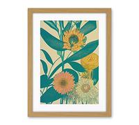 Wee Blue Coo Marigold Daisy Flowers Turquoise Leaves Bright Colourful Abstract Artwork Framed Wall Art Print 18X24 Inch