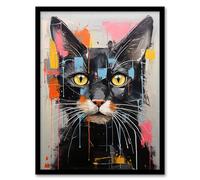 Wee Blue Coo Messy Black Cat Fun Bright Pet Portrait Artwork Framed Wall Art Print A4