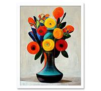 Wall Art Print Midcentury Style Bright Floral Bouquet Flowers Painting Orange Yellow Red Turquoise Art Framed Artery8 White W12 inch x H16 inch
