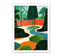Wee Blue Coo Midcentury Style Garden Abstract Jungle Painting Orange Teal Green Artwork Framed Wall Art Print 18X24 Inch
