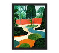 Wee Blue Coo Midcentury Style Garden Abstract Jungle Painting Orange Teal Green Artwork Framed Wall Art Print 18X24 Inch