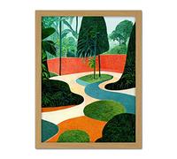 Wee Blue Coo Midcentury Style Garden Abstract Jungle Painting Orange Teal Green Artwork Framed Wall Art Print 18X24 Inch