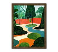 Wee Blue Coo Midcentury Style Garden Abstract Jungle Painting Orange Teal Green Artwork Framed Wall Art Print 18X24 Inch