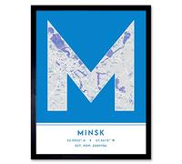 Wee Blue Coo Minsk Belarus City Map Blue Colour Block Modern Typography Stylish Letter Framed Word Wall Art Print Poster for Home Décor CITYMAP1