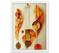 Wee Blue Coo Modern Abstract Musical Symbol Clef and Staff in Warm Autumn Colours Artwork Framed A3 Wall Art Print