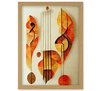 Wee Blue Coo Modern Abstract Musical Symbol Clef and Staff in Warm Autumn Colours Artwork Framed Wall Art Print A4