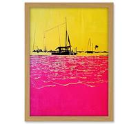 Wee Blue Coo Modern Abstract Seaside Port With Colour Blocking Yellow and Hot Pink Artwork Framed A3 Wall Art Print