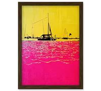Wee Blue Coo Modern Abstract Seaside Port With Colour Blocking Yellow and Hot Pink Artwork Framed Wall Art Print A4