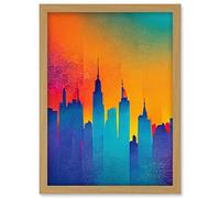 Wee Blue Coo Modern Abstract Warm Bright Colourful New York Sunset Skyline Artwork Framed Wall Art Print A4