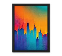 Wee Blue Coo Modern Abstract Warm Bright Colourful New York Sunset Skyline Artwork Framed Wall Art Print 18X24 Inch