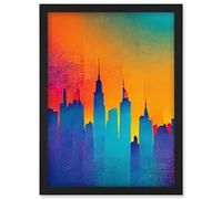 Wee Blue Coo Modern Abstract Warm Bright Colourful New York Sunset Skyline Artwork Framed Wall Art Print A4