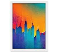 Modern Abstract Warm Bright Colourful New York Sunset Skyline Artwork Framed Wall Art Print A4 Artery8 White One Size