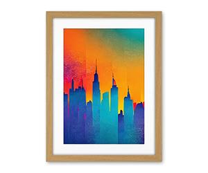 Wee Blue Coo Modern Abstract Warm Bright Colourful New York Sunset Skyline Artwork Framed Wall Art Print 18X24 Inch