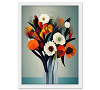 Wee Blue Coo Modern Abstract Winter Flower Floral Bouquet Orange Yellow Blue White Acrylic Paint Artwork Framed A3 Wall Art Print