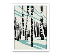 Wee Blue Coo Modern Birch Tree Forest in Winter Modern Stencil Design Monochrome and Teal Artwork Framed Wall Art Print 18X24 Inch