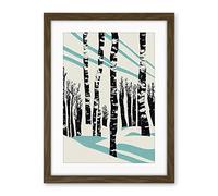 Wee Blue Coo Modern Birch Tree Forest In Winter Modern Stencil Design Monochrome And Teal Artwork Framed Wall Art Print 18X24 Inch