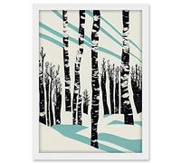 Wee Blue Coo Modern Birch Tree Forest in Winter Modern Stencil Design Monochrome and Teal Artwork Framed A3 Wall Art Print