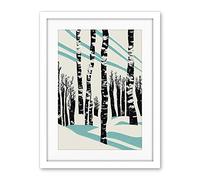 Wee Blue Coo Modern Birch Tree Forest In Winter Modern Stencil Design Monochrome And Teal Artwork Framed Wall Art Print 18X24 Inch