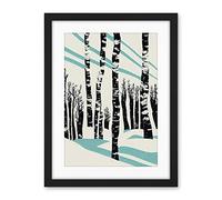 Wee Blue Coo Modern Birch Tree Forest In Winter Modern Stencil Design Monochrome And Teal Artwork Framed Wall Art Print 18X24 Inch