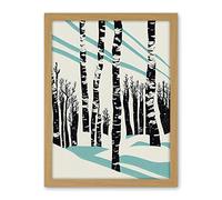 Wee Blue Coo Modern Birch Tree Forest in Winter Modern Stencil Design Monochrome and Teal Artwork Framed Wall Art Print 18X24 Inch