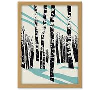 Wee Blue Coo Modern Birch Tree Forest in Winter Modern Stencil Design Monochrome and Teal Artwork Framed A3 Wall Art Print