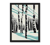 Wee Blue Coo Modern Birch Tree Forest in Winter Modern Stencil Design Monochrome and Teal Artwork Framed Wall Art Print 18X24 Inch