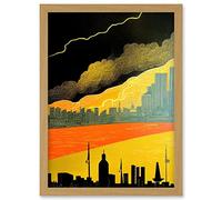 Modern Black Yellow Orange Linocut London Skyline Cityscape Storm Lightning Artwork Framed Wall Art Print A4 Artery8 Light Oak One Size