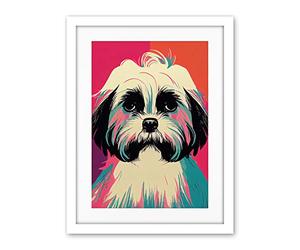 Wee Blue Coo Modern Cute Shih Tzu Dog Vibrant Bright Portrait In Pink Blue Orange Cream Artwork Framed Wall Art Print 18X24 Inch
