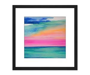 Wee Blue Coo Modern Hazy Pink And Orange Seascape Watercolour Sea Square Wooden Framed Wall Art Print Picture 9X9 Inch