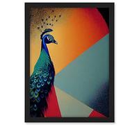 Wee Blue Coo Modern Peacock Portrait in Colourful Abstract Vibrant Orange Artwork Framed A3 Wall Art Print