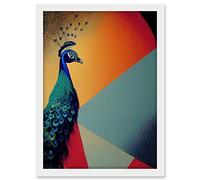 Wee Blue Coo Modern Peacock Portrait in Colourful Abstract Vibrant Orange Artwork Framed A3 Wall Art Print