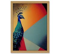 Wee Blue Coo Modern Peacock Portrait in Colourful Abstract Vibrant Orange Artwork Framed A3 Wall Art Print