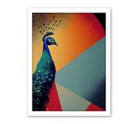 Wee Blue Coo Modern Peacock Portrait in Colourful Abstract Vibrant Orange Artwork Framed Wall Art Print 18X24 Inch