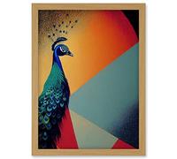 Wee Blue Coo Modern Peacock Portrait in Colourful Abstract Vibrant Orange Artwork Framed Wall Art Print A4