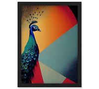 Wee Blue Coo Modern Peacock Portrait in Colourful Abstract Vibrant Orange Artwork Framed Wall Art Print A4
