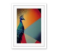 Wee Blue Coo Modern Peacock Portrait In Colourful Abstract Vibrant Orange Artwork Framed Wall Art Print 18X24 Inch