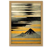 Artery8 Modern Simple Mount Fuji Painting in Silver Grey Black Gold Artwork Framed Wall Art Print A4 in Light Oak Artery8 Light Oak