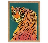 Wee Blue Coo Modern Tiger Portrait on Teal Orange Bold Art Print Framed Poster Wall Decor 12x16 inch