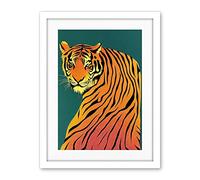 Wee Blue Coo Modern Tiger Portrait On Teal Orange Bold Artwork Framed Wall Art Print 18X24 Inch