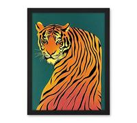 Wee Blue Coo Modern Tiger Portrait on Teal Orange Bold Artwork Framed Wall Art Print 18X24 Inch