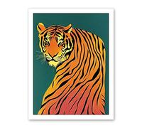 Wee Blue Coo Modern Tiger Portrait on Teal Orange Bold Artwork Framed Wall Art Print 18X24 Inch