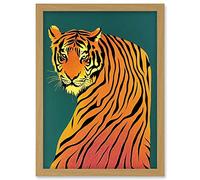 Modern Tiger Portrait on Teal Orange Bold Artwork Framed Wall Art Print A4 Artery8 Light Oak One Size
