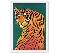 Modern Tiger Portrait on Teal Orange Bold Artwork Framed Wall Art Print A4 Artery8 White One Size