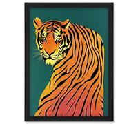 Wee Blue Coo Modern Tiger Portrait on Teal Orange Bold Artwork Framed Wall Art Print A4