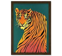 Wee Blue Coo Modern Tiger Portrait on Teal Orange Bold Artwork Framed Wall Art Print A4
