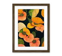 Wee Blue Coo Modern Tropical Lake Flowers Orange Yellow Peach Cream Warm Colours On Dark Green Artwork Framed Wall Art Print 18X24 Inch