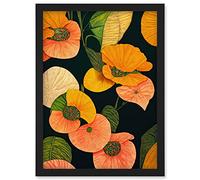 Wee Blue Coo Modern Tropical Lake Flowers Orange Yellow Peach Cream Warm Colours on Dark Green Artwork Framed Wall Art Print A4